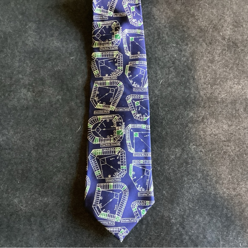 JOSH BACH Retro Baseball Stadium Blueprints Blue Silk Tie
